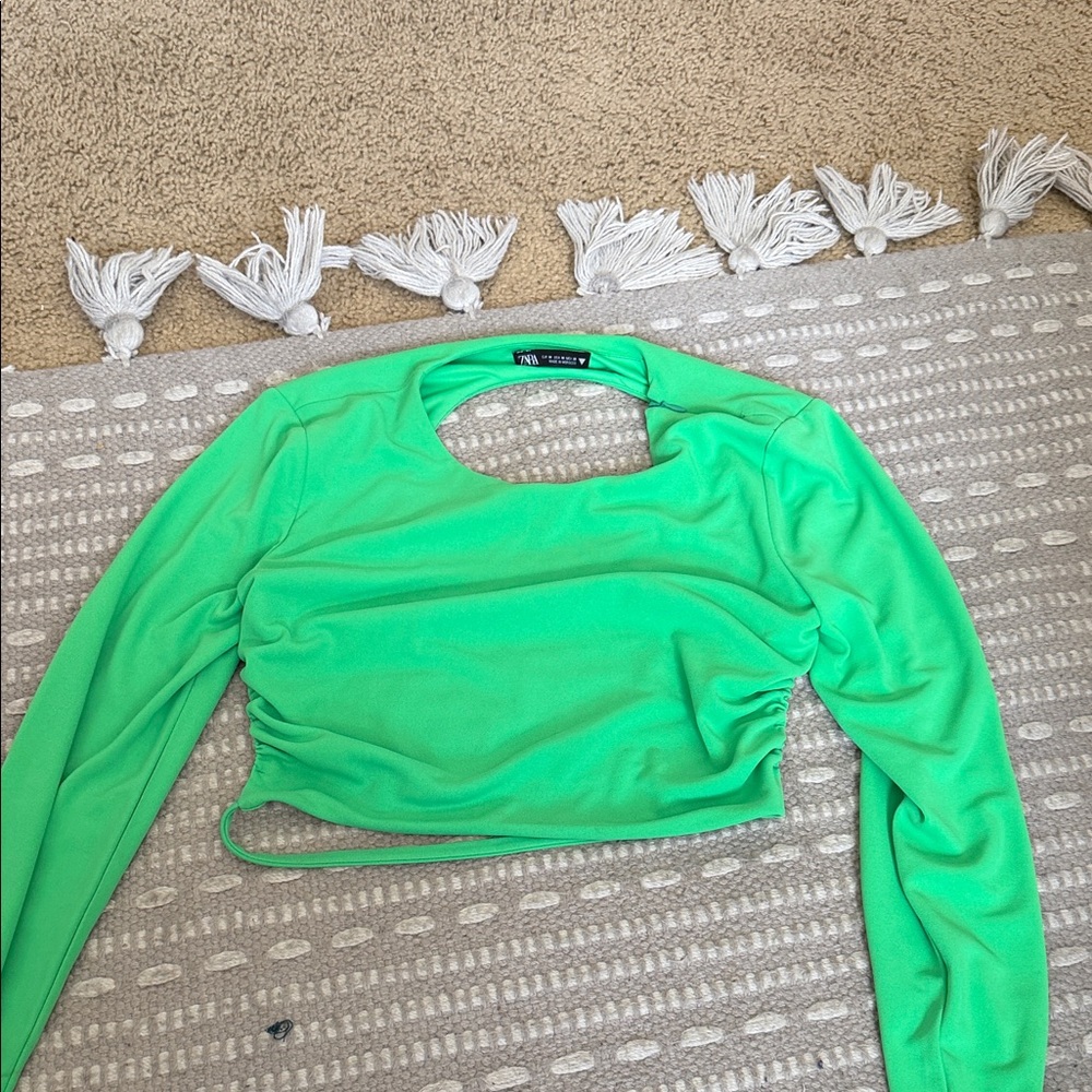 Zara Neon Green Long-Sleeve Ruched Crop Top